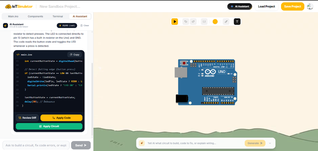 IoTSimulator workspace showing the AI Assistant tab on the left and the interactive canvas