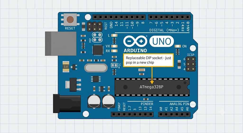 Arduino Uno R3 board with labeled components