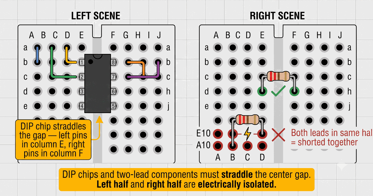 DIP chip and two-lead component correctly straddling the center gap