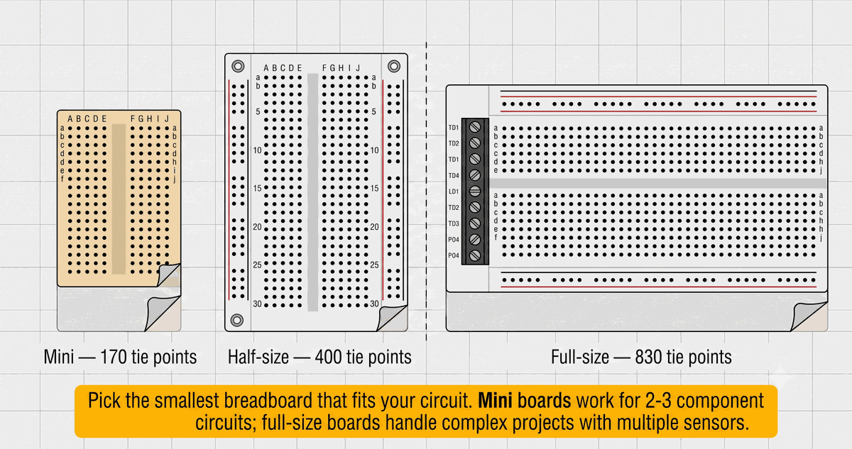 Mini, half-size, and full-size breadboards compared side by side