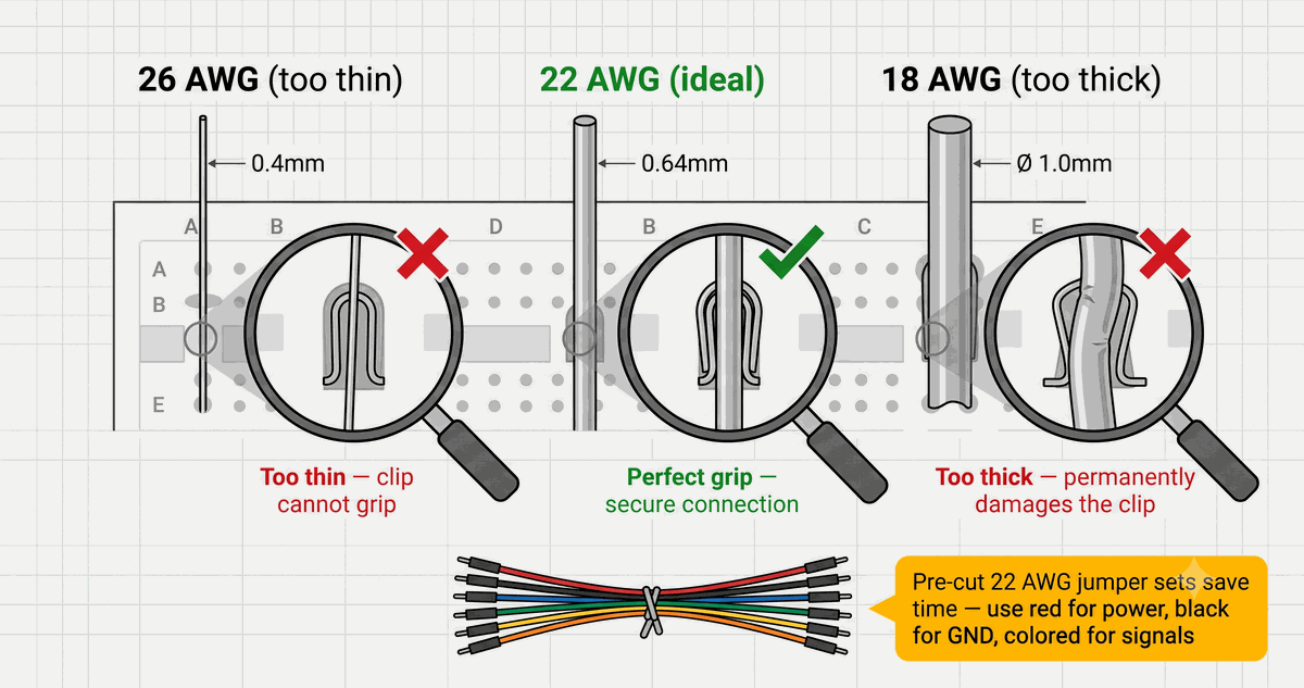 Wire gauge comparison showing 26 AWG, 22 AWG, and 18 AWG in breadboard holes