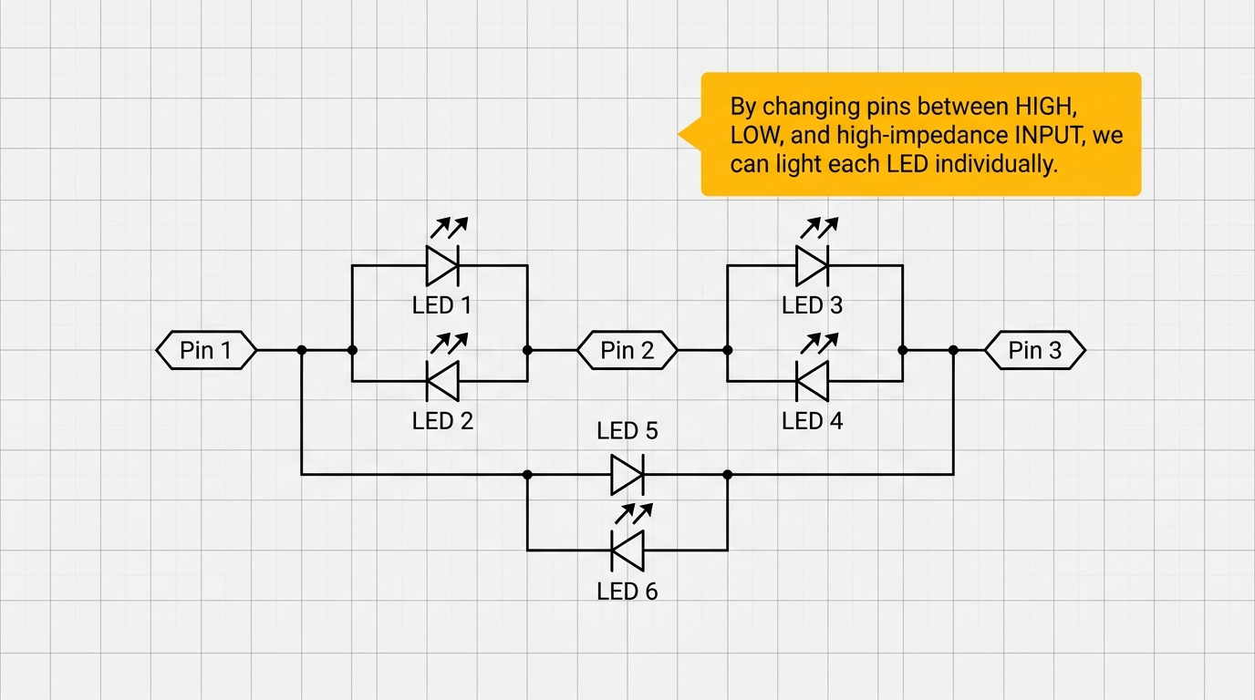 Charlieplexing 3-Pin 6-LED Schematic Diagram