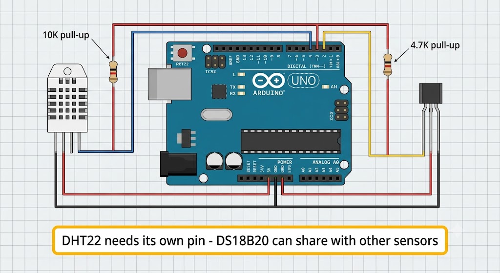DHT22 and DS18B20 wiring diagram with Arduino
