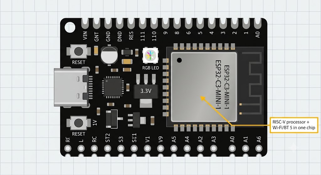 ESP32-C3 DevKitM-1 board with labeled components