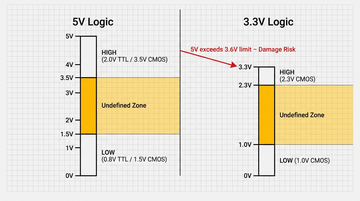 5V and 3.3V Logic Thresholds Comparison Diagram