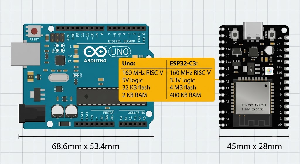 Arduino Uno vs ESP32-C3 size and spec comparison