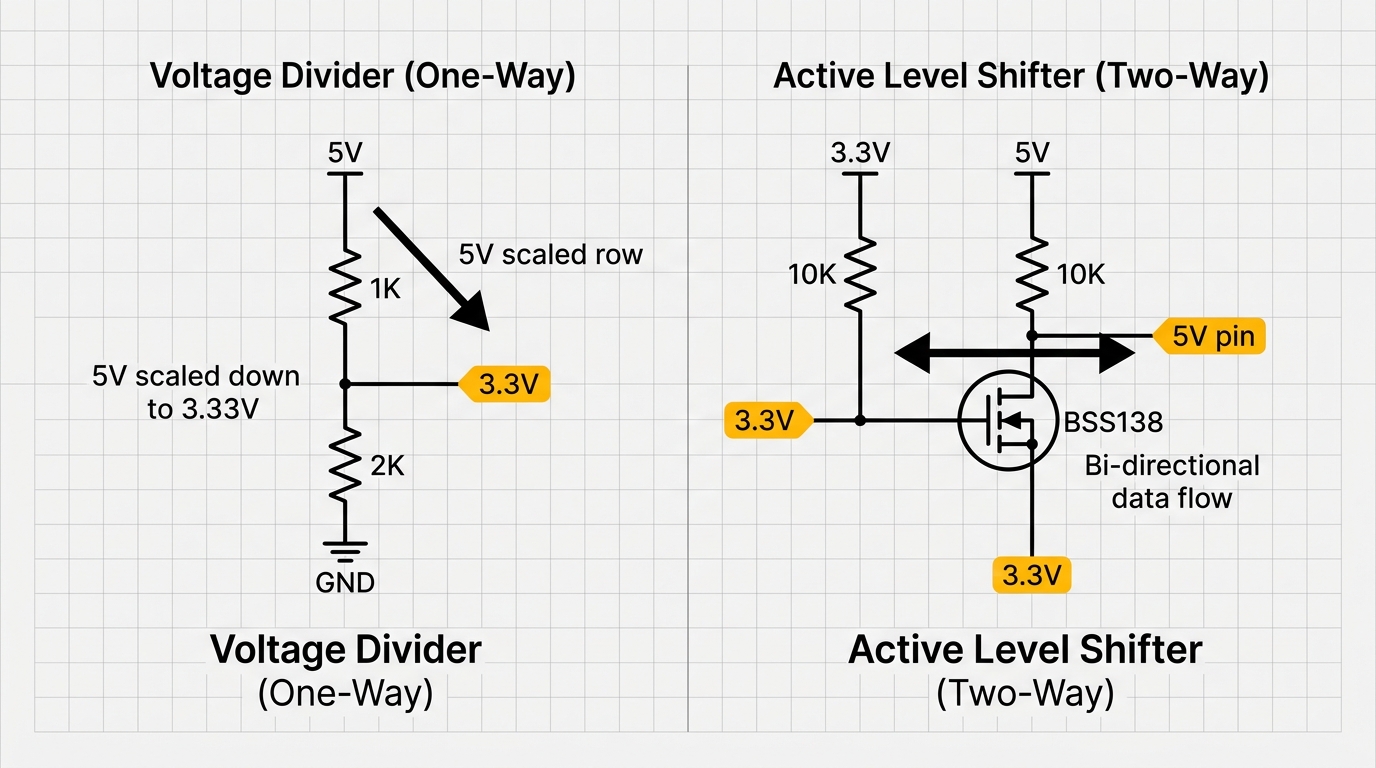 Voltage Divider vs Bidirectional MOSFET Level Shifter Circuit Diagram