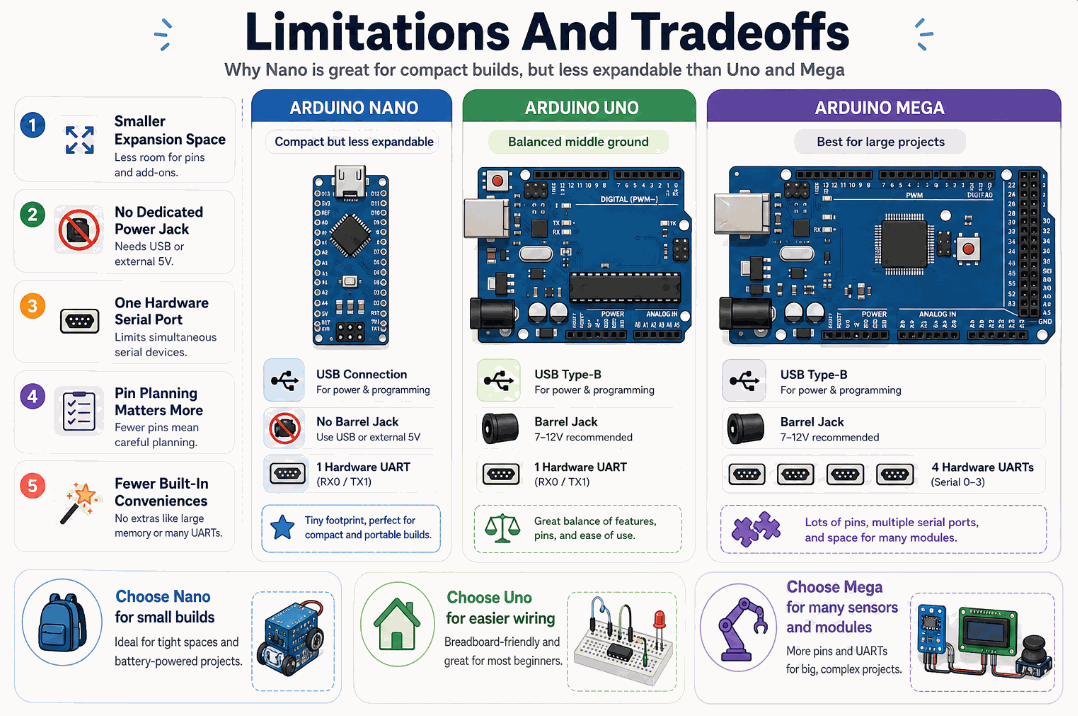 Arduino Nano limitations compared with Arduino Uno and Mega