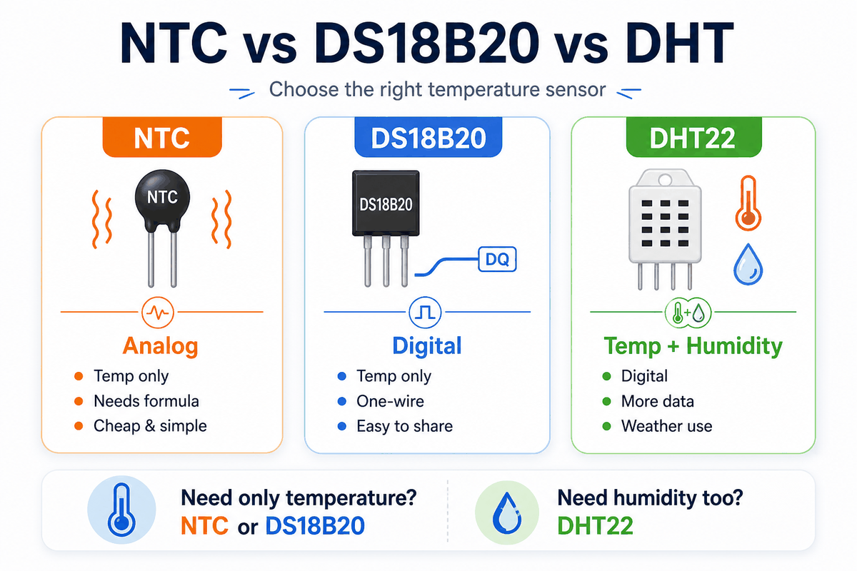 Comparison of NTC, DS18B20, and DHT sensors