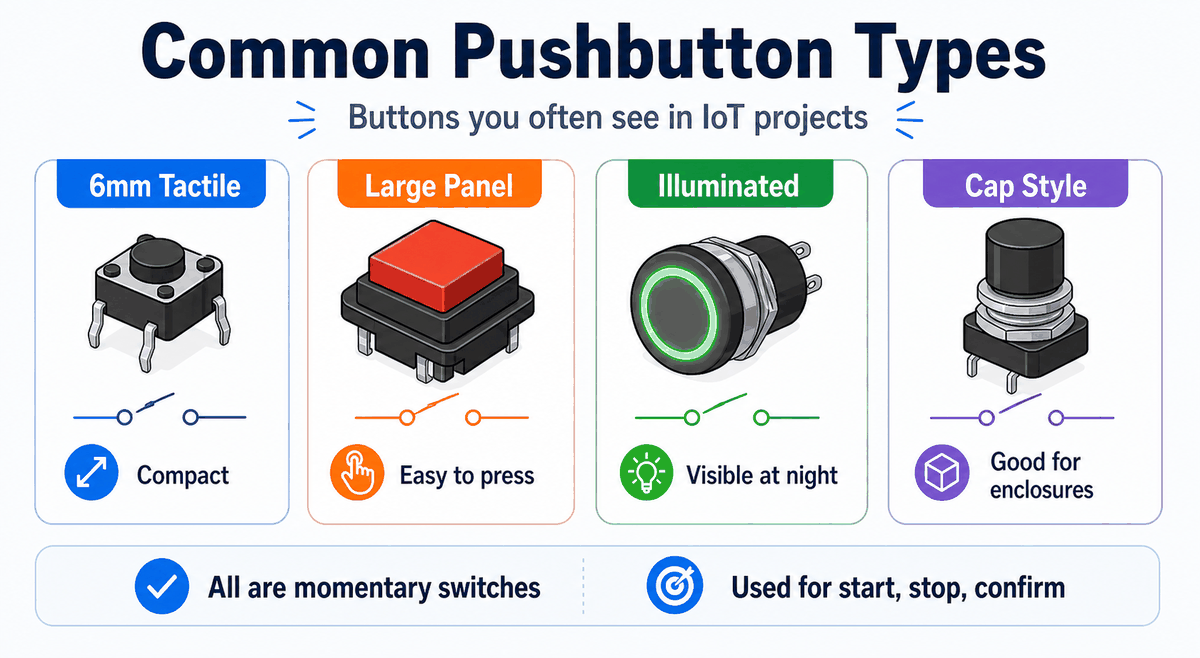 Common pushbutton types used in IoT projects