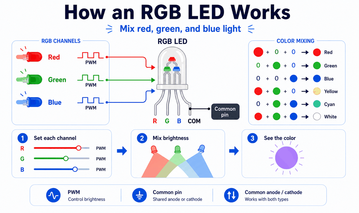 How an RGB LED mixes red green and blue light