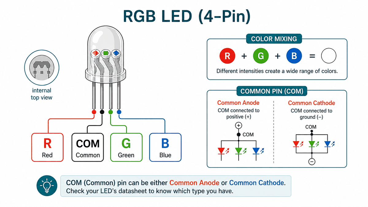RGB LED pinout with R COM G and B labels