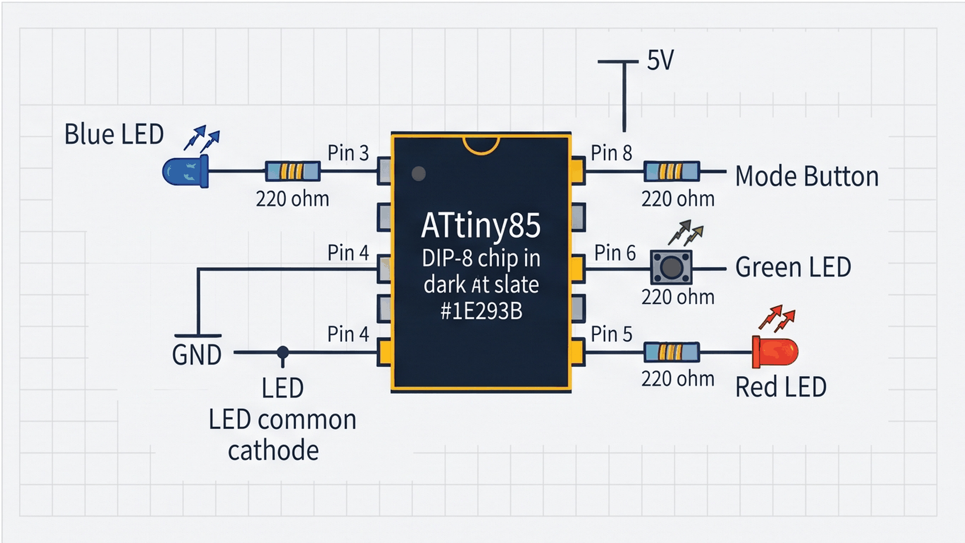 ATtiny85 circuit wiring diagram with pushbutton and RGB LED