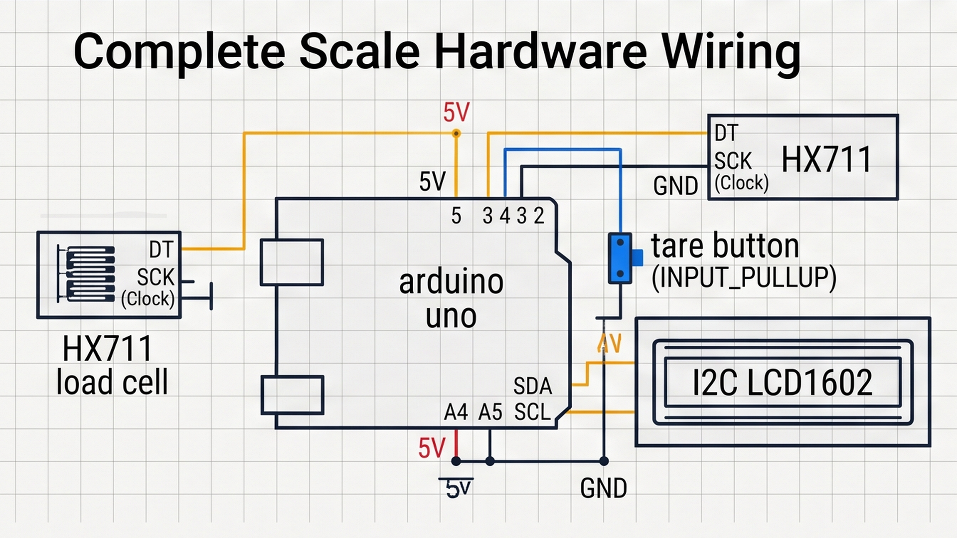 Complete scale hardware wiring diagram showing Arduino connected to HX711, button, and LCD