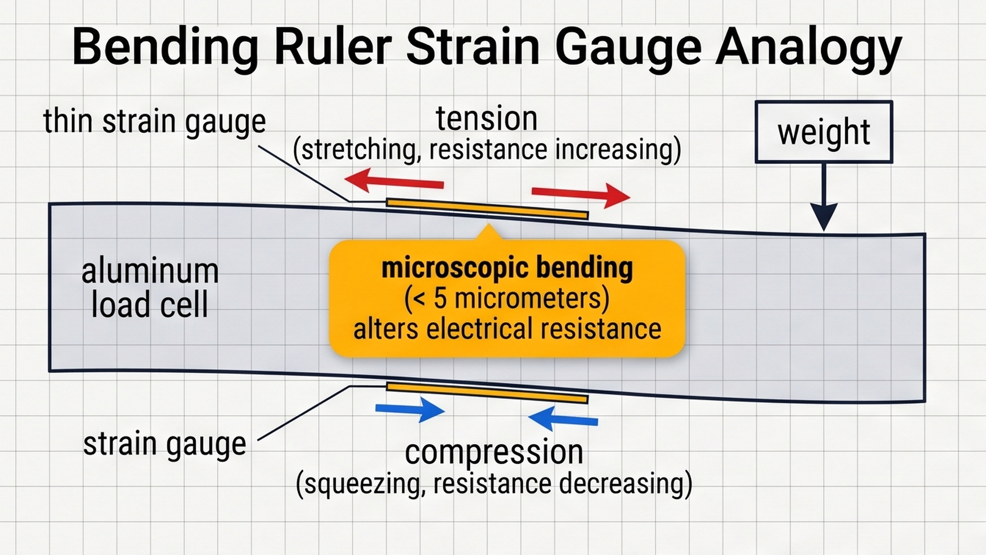 Bending ruler strain gauge analogy showing aluminum load cell flexing under weight