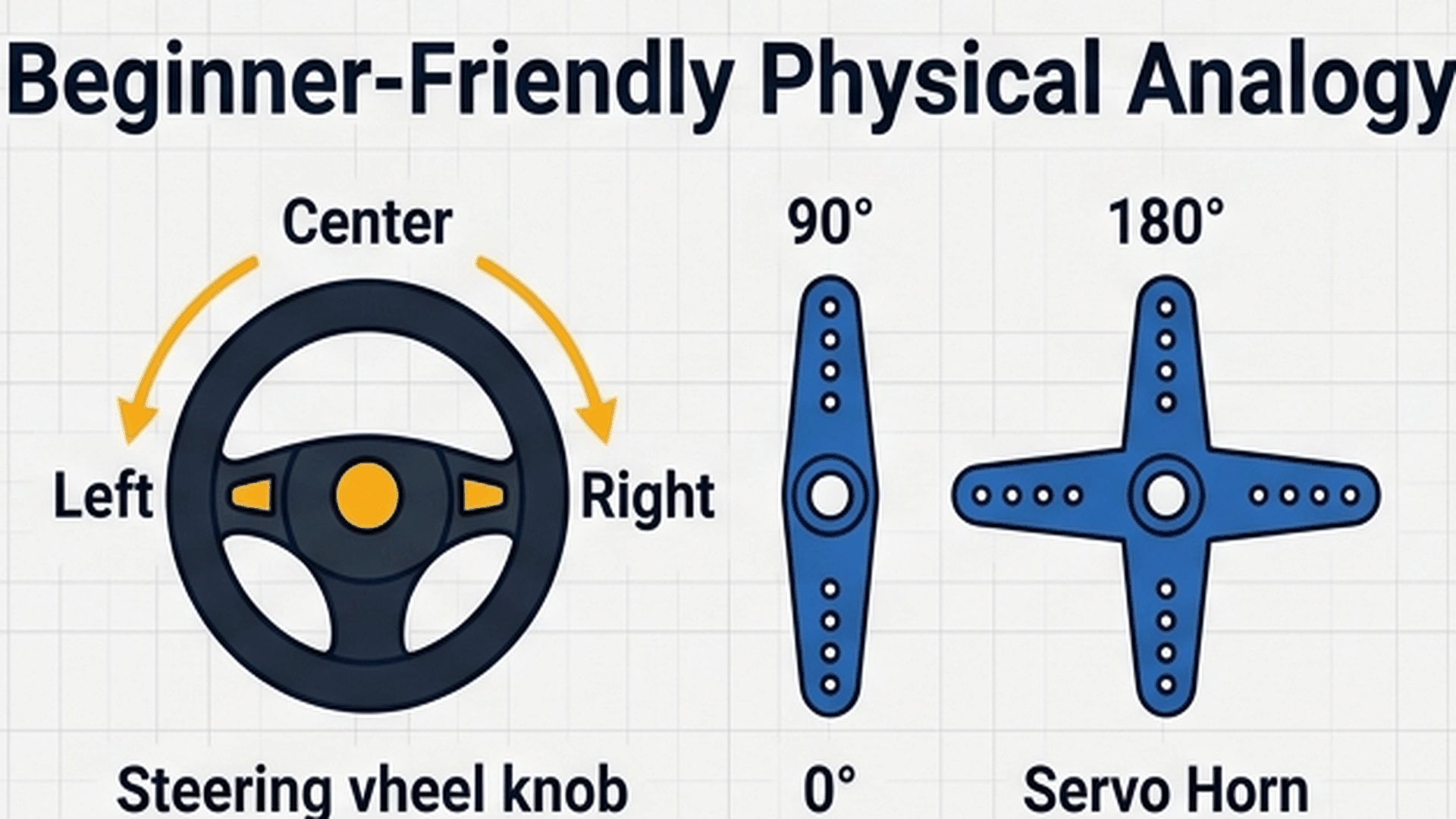 Toy car steering wheel analogy showing how the servo motor mimics your hand movement from 0 to 180 degrees