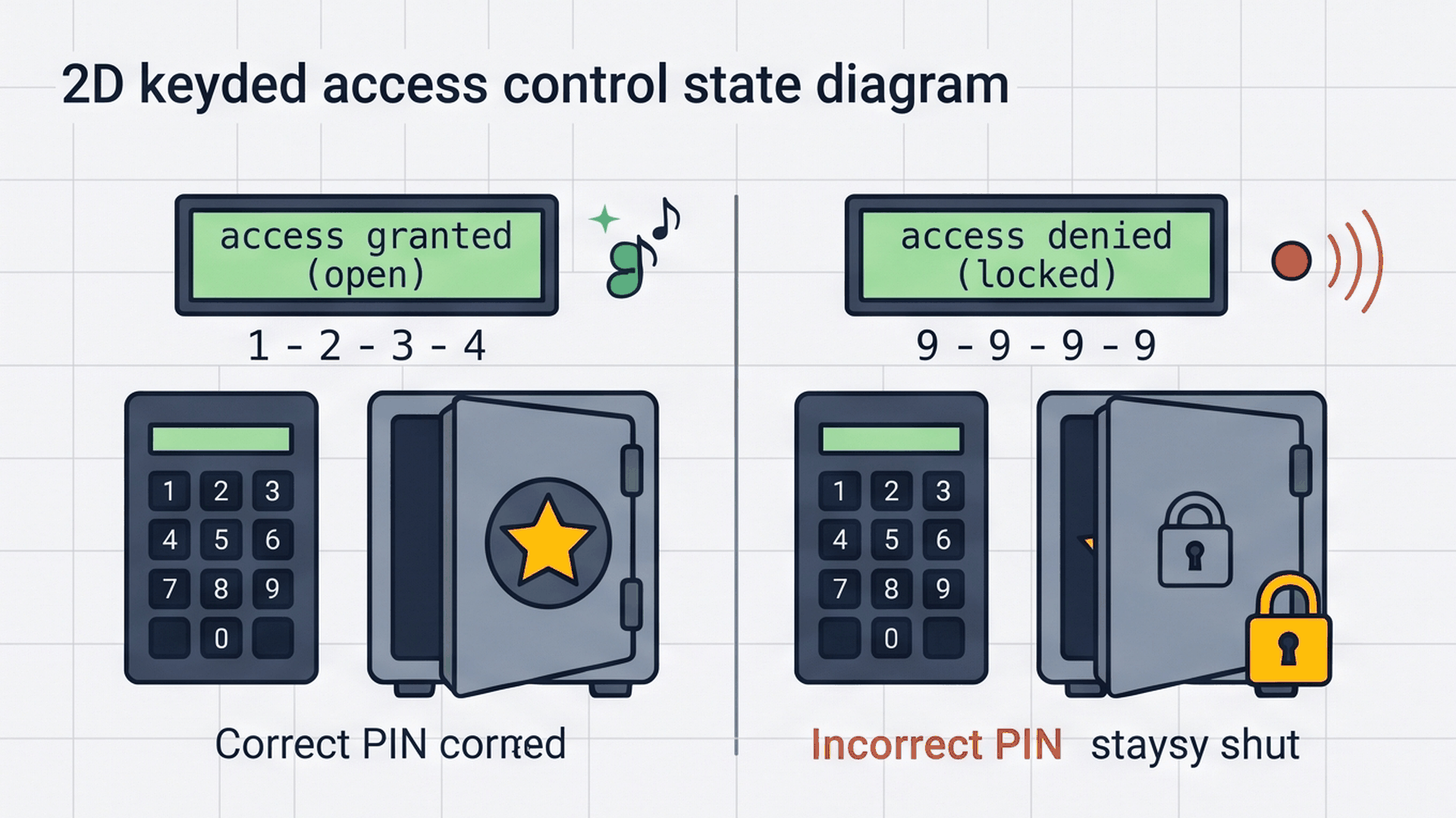 Digital safe box password check: Correct code unlocks, wrong code alarms
