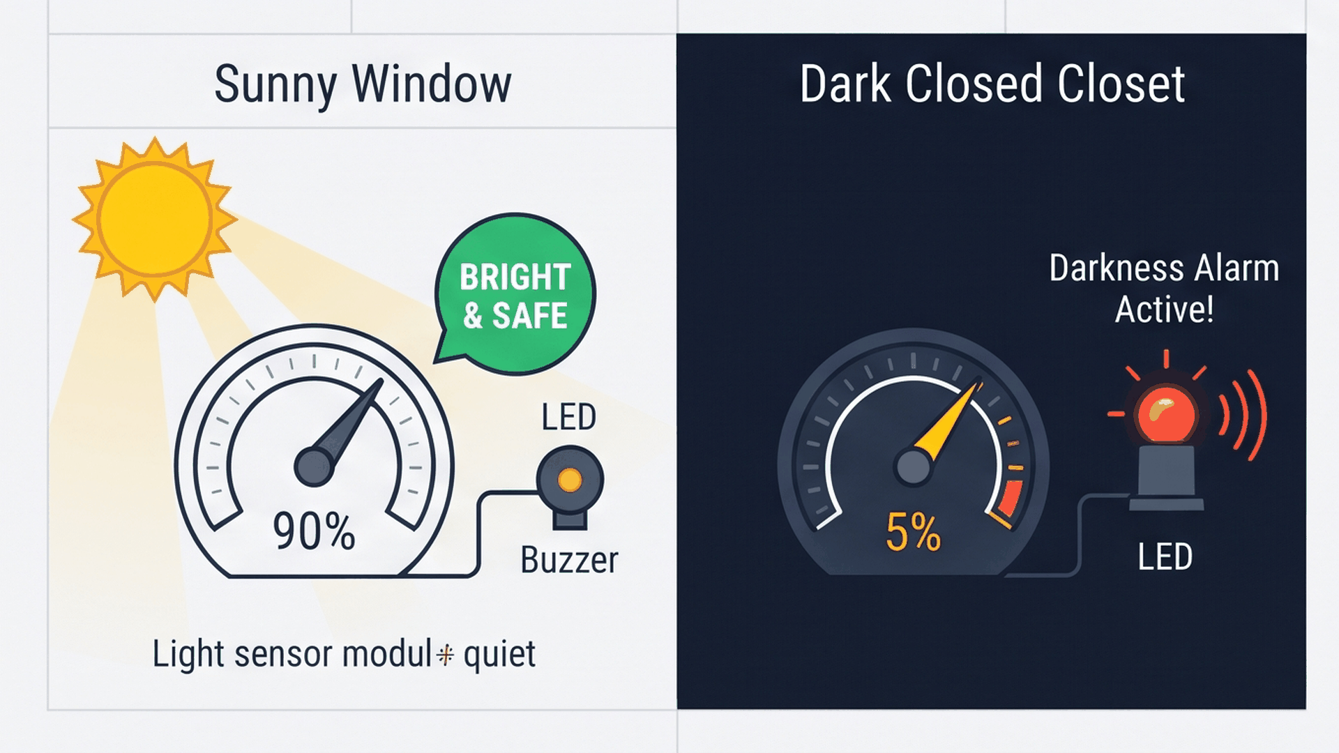 Light meter comparison: bright sunny window versus dark closet darkness alarm