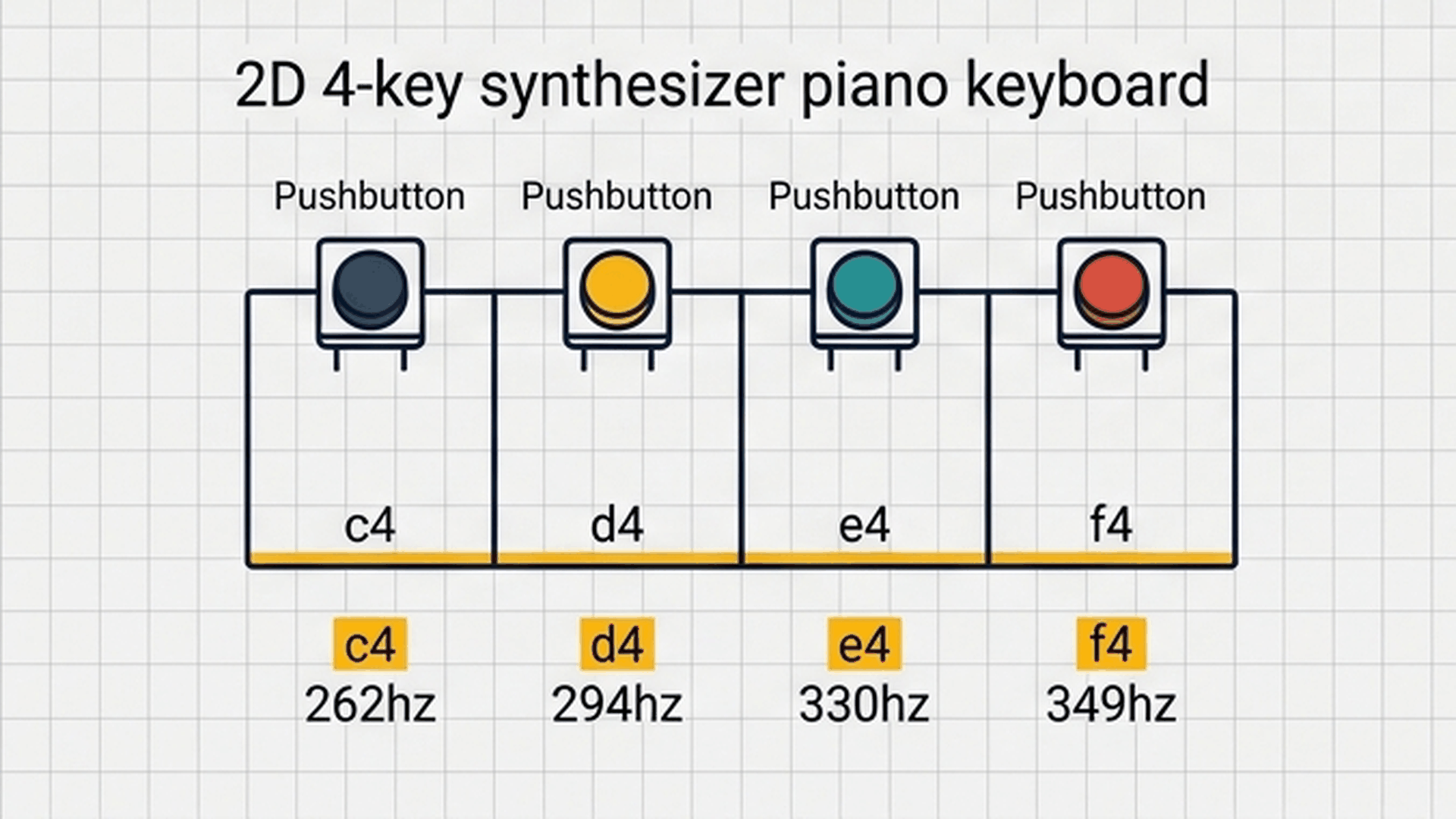 4 colorful musical piano keys with glowing LED feedback and notes