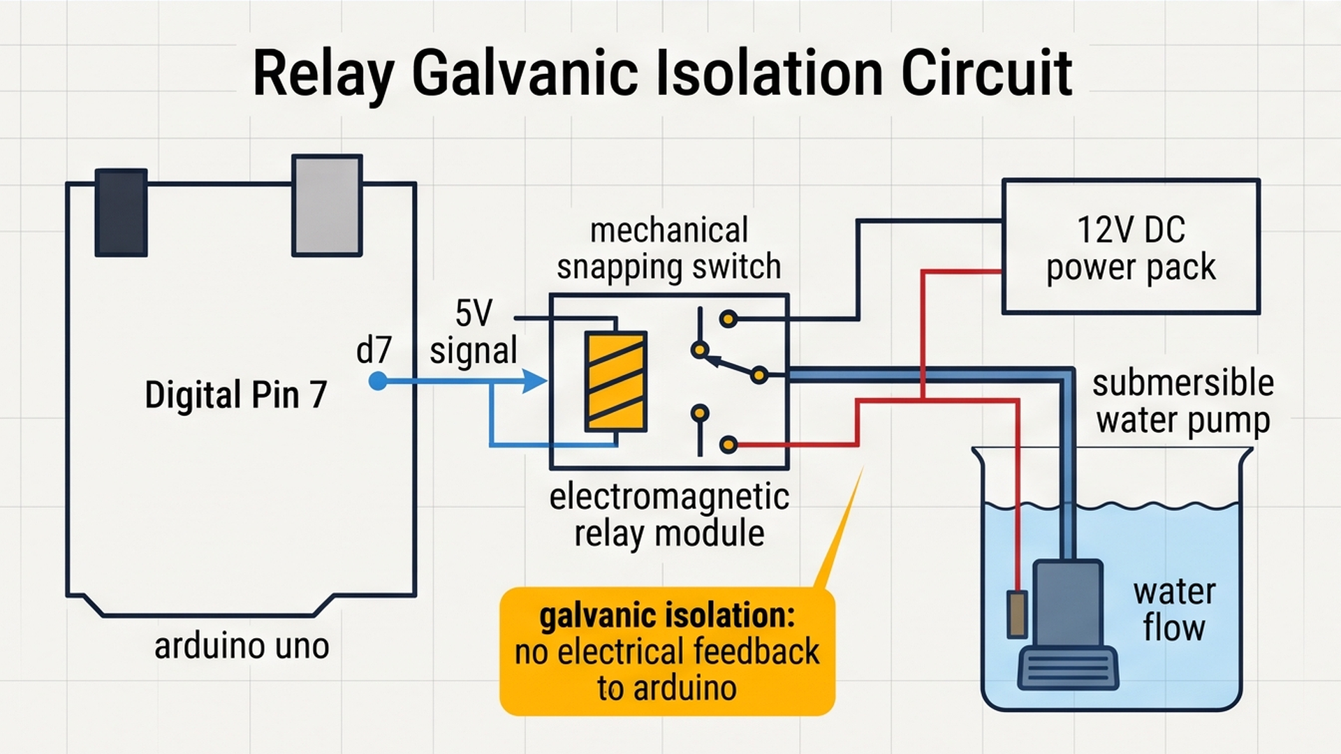 Relay galvanic isolation circuit separating Arduino 5V from high-power pump