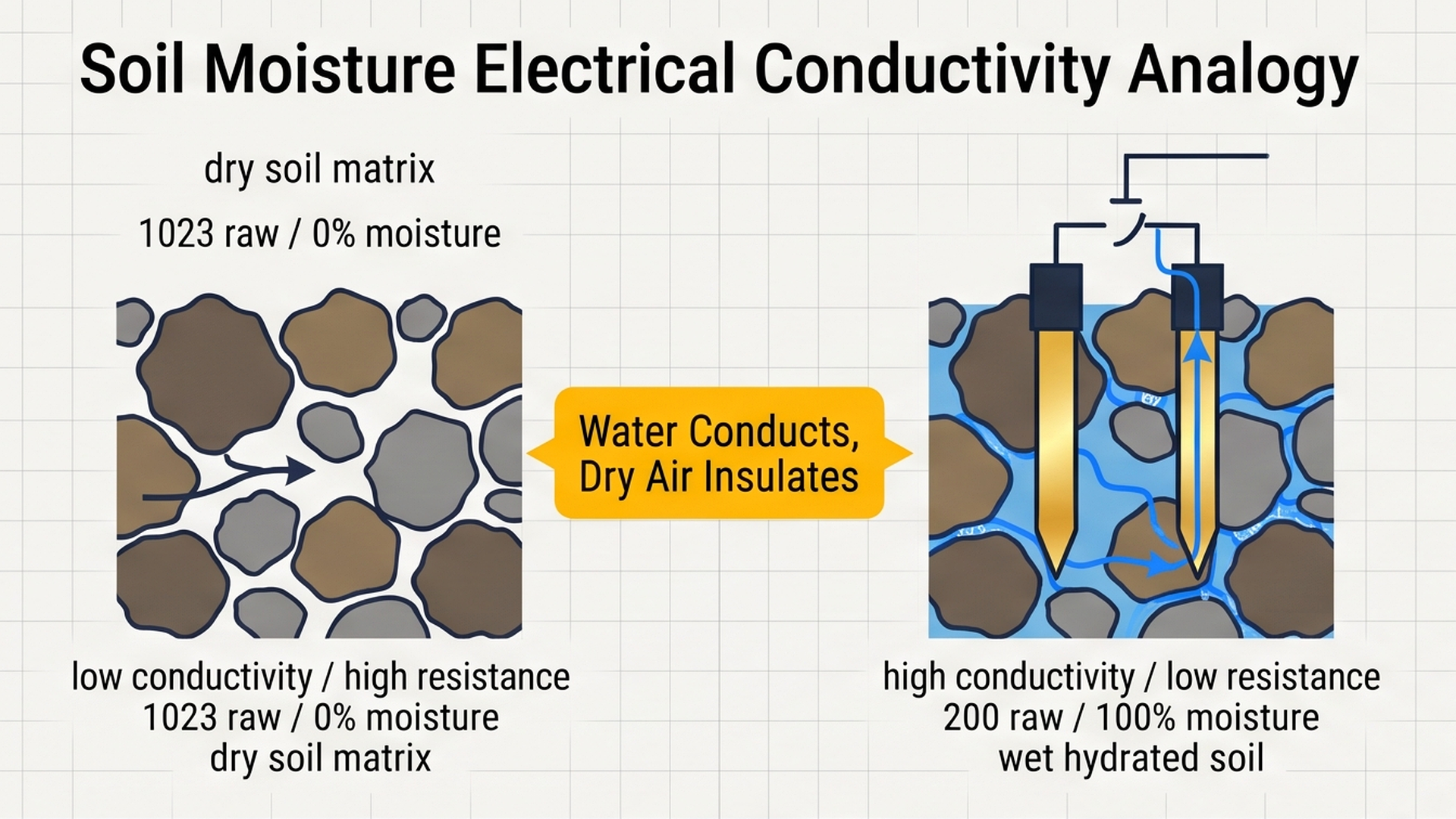 Soil moisture electrical conductivity diagram showing dry vs wet soil