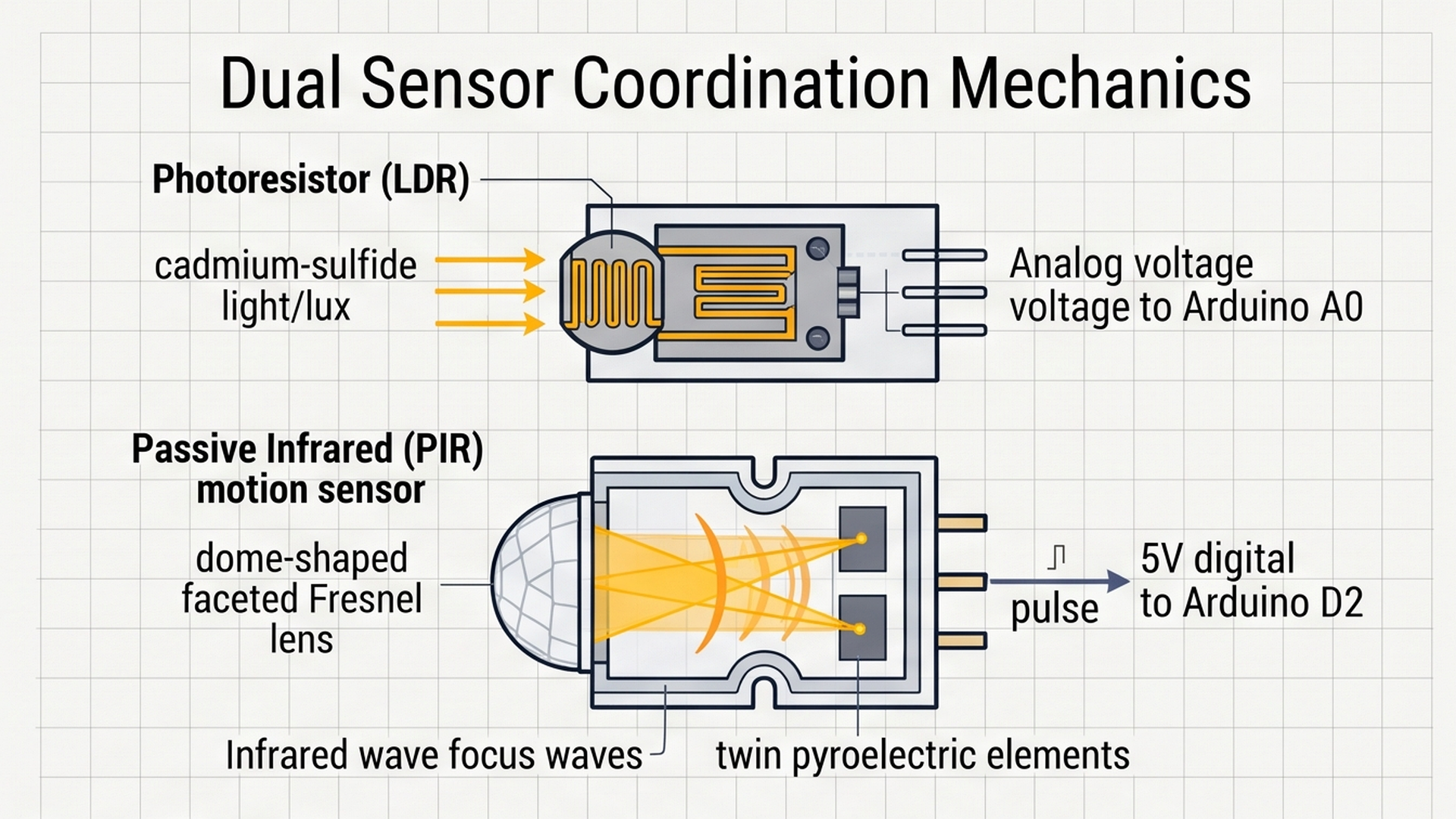 Dual sensor coordination mechanics showing LDR light sensor and PIR motion detector