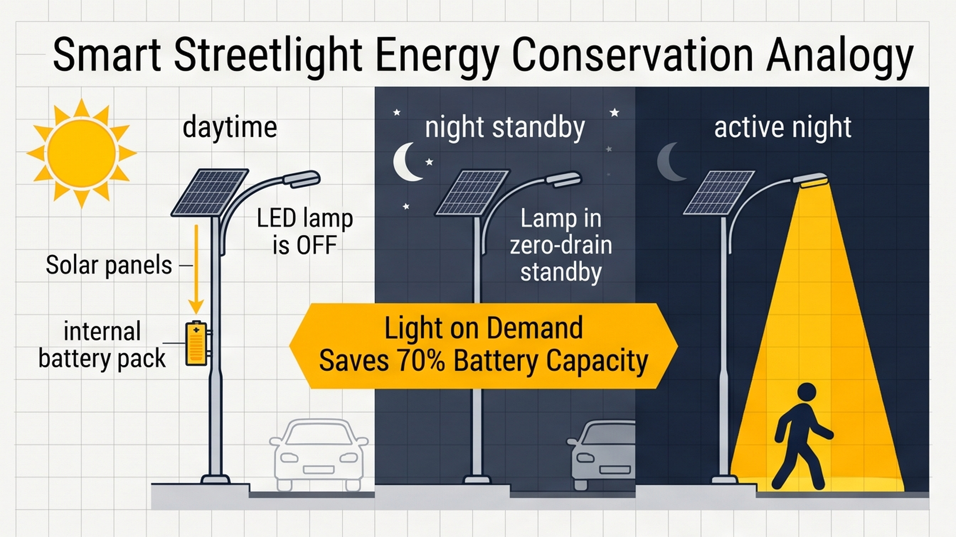 Smart streetlight energy conservation analogy showing daytime charging vs night motion lighting
