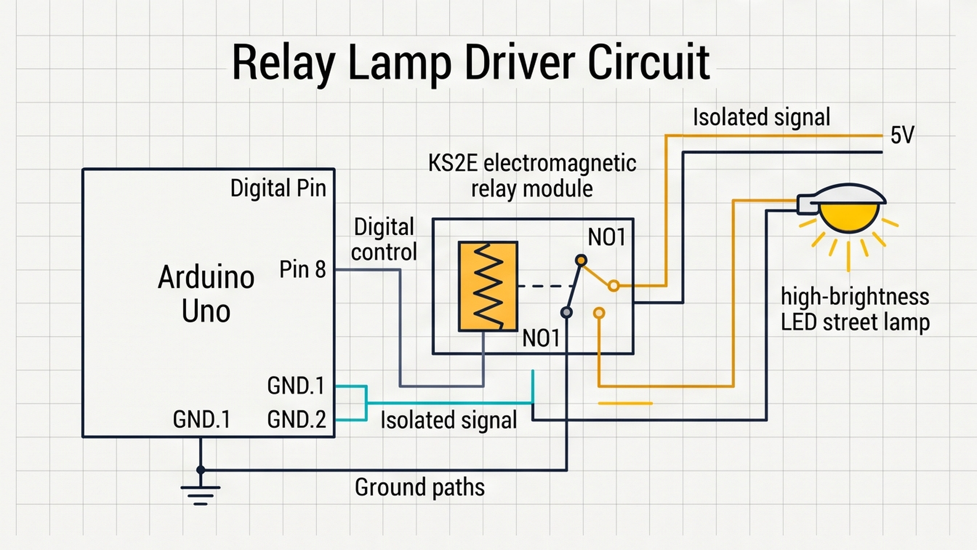 Relay lamp driver circuit showing Arduino pin 8 energizing KS2E relay coil
